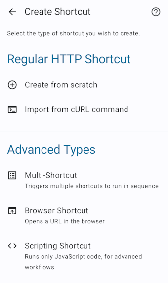 Start creating a shortcut by picking a type